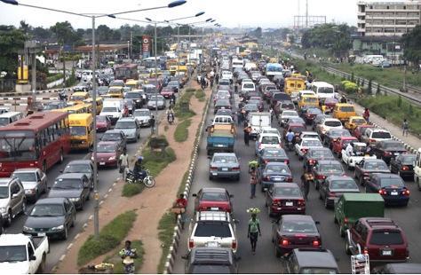 Heavy traffic is seen on the Lagos-Abeokuta expressway in Nigeria's commercial capital Lagos