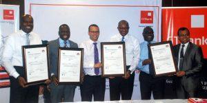 Pix from left Wale Oyedeji, Executive Director, GTBank; Afolabi Oke, ED, Global Infoswift;Chris Maskell, Director, UK Trade and Investment, British High Commission, Lagos; Ohis Ohiwerei, ED, GTBank; Demola Odeyemi, ED, GTBank and Bharat Soni, Chief Information Security Officer, GTBank during the presentation of Four ISO Certifications to GTBank by Bristish Standard Institute in Lagos on Tuesday. Photo Lamidi Bamidele