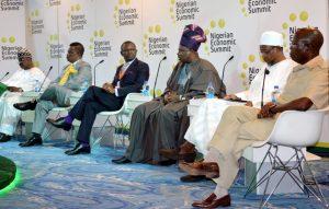 PIC. 19. FROM LEFT: GOVS. ABIOLA AJIMOBI OF OYO STATE; WILLIE OBIANO OF ANAMBRA; THE MODERATOR, MR FRANK AIGBOGUN; GOVS. IBIKUNLE AMOSUN OF OGUN; RAUF AREGBESOLA OF OSUN, AND ADAMS OSHIOMHOLE OF EDO, DURING A ‘CONVERSATION WITH STATE GOVERNORS’ AT THE OPENING OF THE 21ST NIGERIAN ECONOMIC SUMMIT IN ABUJA ON WEDNESDAY (14/10/15). 7153/14/10/2015/BJO/NAN