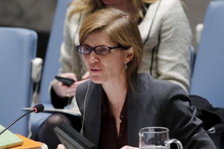 U.S. Ambassador to the United Nations and current Security Council President Power speaks to members of the Security Council at the United Nations Headquarters in New York