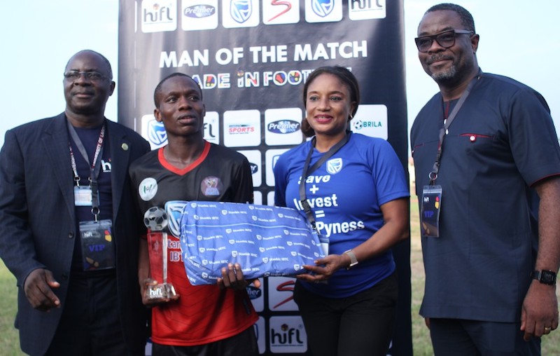 L-R :Deputy Vice-Chancellor, Academic and Research, University of Lagos, Prof Oluwole, Familoni; Winner Man of the match award, and captain, FUTA Tigers, Sanni Kehinde Olusola; Head, Marketing and Communications, Stanbic IBTC, Mrs. Bridget Oyefeso-Odusami and Board member, Higher Institutions Football League, Mr. Kachi Onubogu at the 2019 HiFL Opening match between UNILAG MARINES and FUTA Tigers in Lagos…Tuesday.
