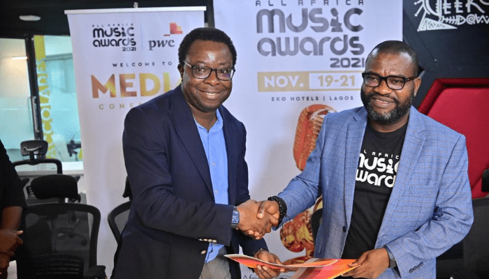 Femi Osinubi, leader, Technology, Media, Entertainment & Telecommunication (TMT), PricewaterhouseCoopers (PwC), and Mike Dada, president & executive producer, AFRIMA, at the Signing of Contract Ceremony on Wednesday October 20, 2021.