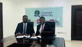 Signing of Endowment Fund MOU by Dickson Nsofor, CEO of Kora, and Professor Abiodun H. Adebayo, VC of Covenant University