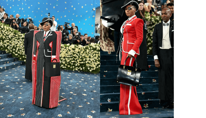 Janelle Monáe took an artistic expression to her outfit - walking around in a double-up before unveiling the real suit.Dia Dipasupil/Getty Images/AFP