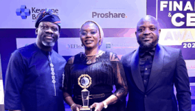L-R: Olasunkanmi Osho, head, diversified industries; Yetunde Adebowale, acting treasurer, and Oluleye Esomojumi, head, operations and correspondent banking, all of FBNQuest Merchant Bank Limited, at the MSME Finance CEO Forum & Awards 2025 held recently in Lagos.