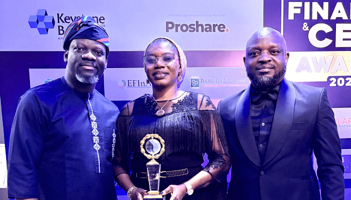 L-R: Olasunkanmi Osho, head, diversified industries; Yetunde Adebowale, acting treasurer, and Oluleye Esomojumi, head, operations and correspondent banking, all of FBNQuest Merchant Bank Limited, at the MSME Finance CEO Forum & Awards 2025 held recently in Lagos.