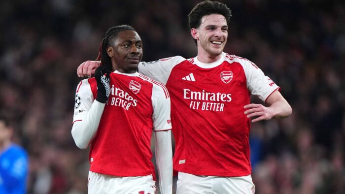 Eberechi Eze celebrates with Declan Rice