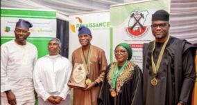 L-R: Tony Attah (MD/CEO, Renaissance Africa Energy Company Limited); Toyin Fatona (wife of the recipient of the 2026 NMGS/Shell highest award); Layi Fatona (Chairman, Renaissance Africa Energy Company Ltd); Rose Ndong (President, NMGS); and Johnbosco Uche (recipient, 2026 NMGS/Durotoye/COMEG Award and Renaissance’s Vice President for Exploration); at the NMGS Awards Ceremony that rounded off the 61st NMGS Annual International Conference and Exhibition in Uyo, Akwa Ibom State, last Wednesday.