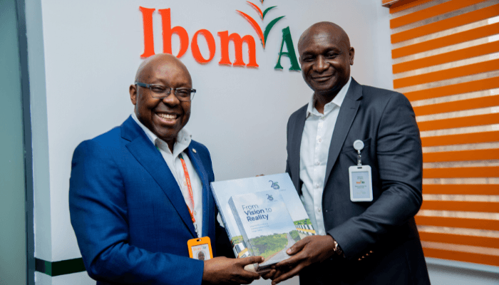 NDDC boss at Ibom Air: L-R: George Uriesi, CEO of Ibom Air, with Samuel Ogbuku, NDDC MD