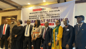L-R: John Ohaka (Dean, Faculty of Administration and Management, Rivers State University, Port Harcourt), Whyte Omubo (representing Rivers Chapter of ANAN), Rosemary Orubo (Director, Compliance and Enforcement, RIRS), Patrick Ijegbai (GM, BusinessDay SE/SS), Ngozi Umelo-Agbai (Chairman, ICAN, Rivers Chapter), Israel Egbunefu (Executive Chairman, RIRS), Victoria Agbeb (Women in Taxation, representing CITN, Rivers Chapter), Ignatius Chukwu (BusinessDay Editorial Coordinator, SS/SE & Panel Moderator), & Clement Akanibo (Principal Partner, Clement Akanibo & Co), at the event.