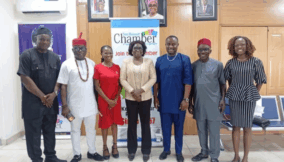 PHCCIMA President, Chinyere Nwoga (centre) in a group picture with the delegation and some PHCCIMA members