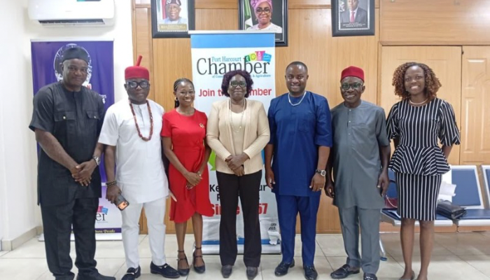 PHCCIMA President, Chinyere Nwoga (centre) in a group picture with the delegation and some PHCCIMA members
