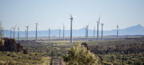 Close up image of a wind farm in south africa, supplying eco friendly electricity