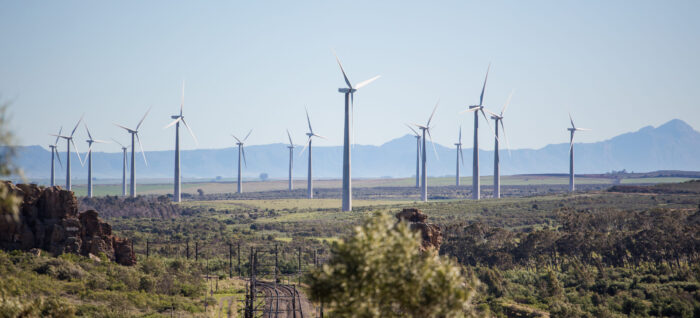 Close up image of a wind farm in south africa, supplying eco friendly electricity