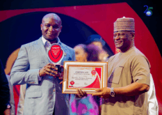 L-R: Samuel Ogbuku, NDDC CEO, receiving the award from Olatunji Disu, Inspector General of Police 2025 Personality of the Year Awards at the Eko Hotels and Suites, Victoria Island, Lagos.