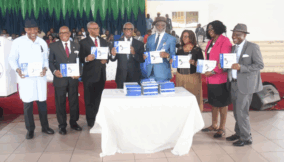 Isaac Zeb-Obipi, vice chancellor of the Rivers State University (4th from right) flanked by the University council members, committee members, and other key personalities in the unveiling event.