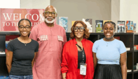 L-R: ‘Dunni Lambo, cultural Coordinator, AFL; Richard Mofe-Damijo, chairman, Mmeli Arts Foundation; Nina Anyianuka, founder/CEO, Mmeli Arts Foundation, and Odufa Onaulogho, AFL Librarian, during the recent creative workshop in Lagos.