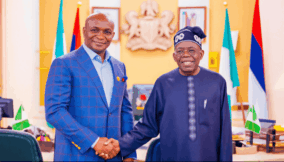 L-R: Samuel Ogbuku, NDDC boss, and President Bola Ahmed Tinubu, after a recent briefing at the Villa
