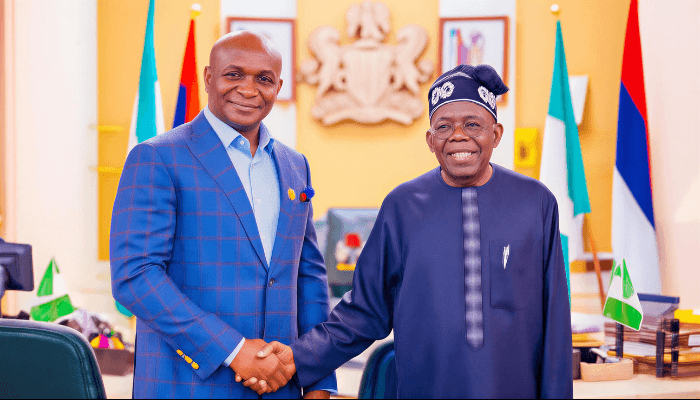 L-R: Samuel Ogbuku, NDDC boss, and President Bola Ahmed Tinubu, after a recent briefing at the Villa