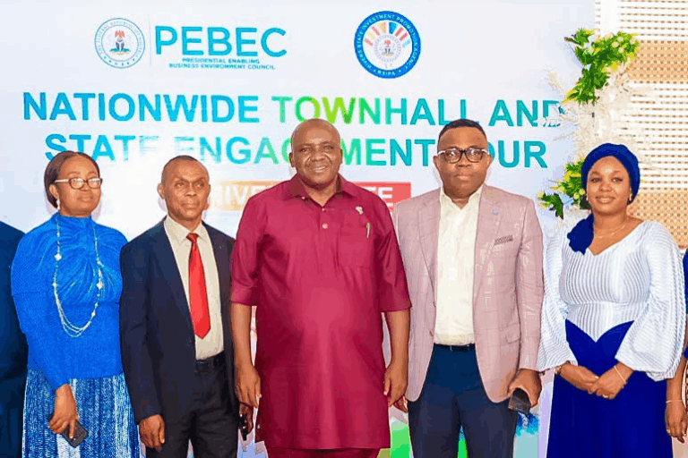 Dagogo Wokoma (middle in red) secretary to the state government representing Gov Sim Fubara, with Chamberlain Peterside, Director-General of the Rivers State Investment Promotion Agency (RSIPA), by his left, flanked by officials from PEBEC.  