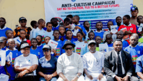 R-L: Kemepa Opusigi (the Principal of Community Secondary School, CSS,  Oruma); Sunny Julius (the NDDC Director, ADR); Godwin Ogedegbe (NDDC Principal Manager, ADR); Yvonne Nweke (the NDDC Principal  Manager, ADR); Oroma Ezebunwo; during the NDDC anti-cultism campaign  in CSS, Oruma, Ogbia LGA, Bayelsa State