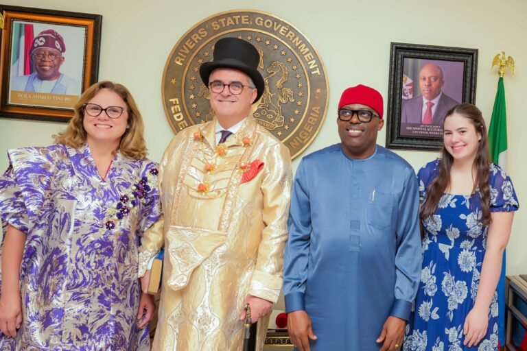 Governor of Rivers State, His Excellency, Sir Siminalayi Fubara (second from right); World President of the Seventh Day Adventist Church, Pastor Erton Kohler (second from left); Mrs Andriene Marques Kohler (extreme left) and daughter, Mariana Marques Kohler (extreme right) during their visit to Government House, Port Harcourt on Thursday.