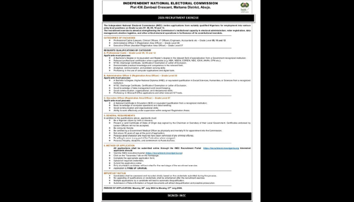 INEC opens 2026 recruitment portal, invites applications for various positions